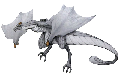 The young white dragon Mikhail, with tiny little horns and small wings, and a smooth round tail.