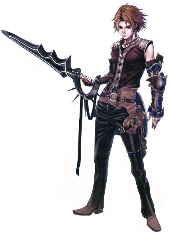 Nowe, the protagonist of Drag-on Dragoon 2, a young man in mostly black clothes, including a sleeveless top and a complicated leather belt with multiple layers. His lower left arm is armoured, and in his right arm he holds a chunky, slightly serrated sword.