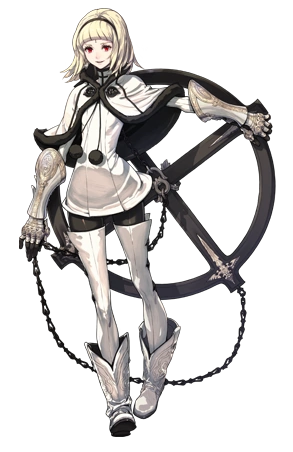 The intoner One, a young woman with shoulder-length blonde hair, in a black-and-white outfit trimmed with black fur. Her outfit includes thigh-high white socks and smaller white boots. She holds a large black chackram with a cross and a tiny Roman numeral I on her forehead.