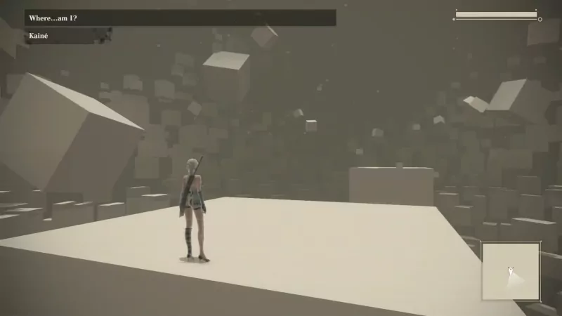 Kainé stands on a large platform in a warm grey void, full of floating cubes. It's recognisably the visual language of the hacking space from Automata.