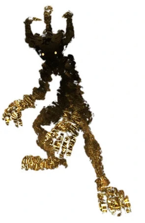 A small Shade enemy from Nier: a semihumanoid figure made of a tight cloud of black and yellow floating text.