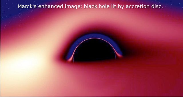 Computer render of the accretion disc of a black hole. There appears to be a hole in the disc surrounding the black hole, produced by gravitational lensing.