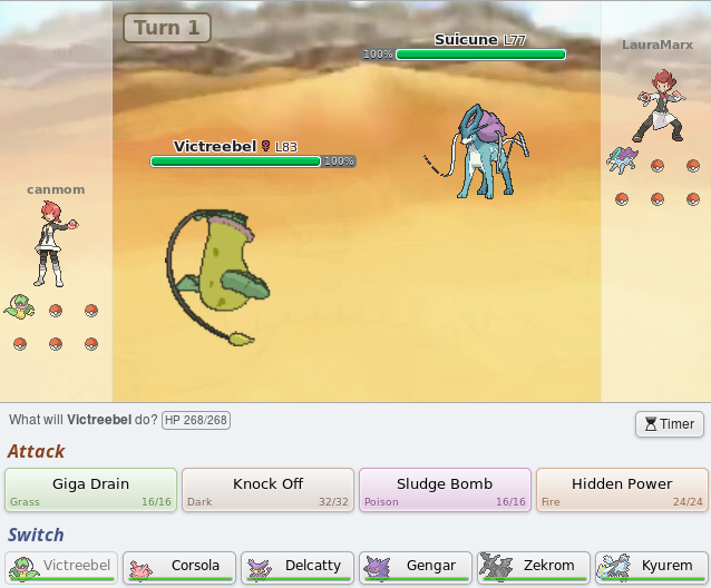 A game of Pokémon with me playing against LauraMarx. I am picking between four moves for Victreebell - Giga Drain, Knock Off, Sludge Bomb and Hidden Power - to use against her Suicune.