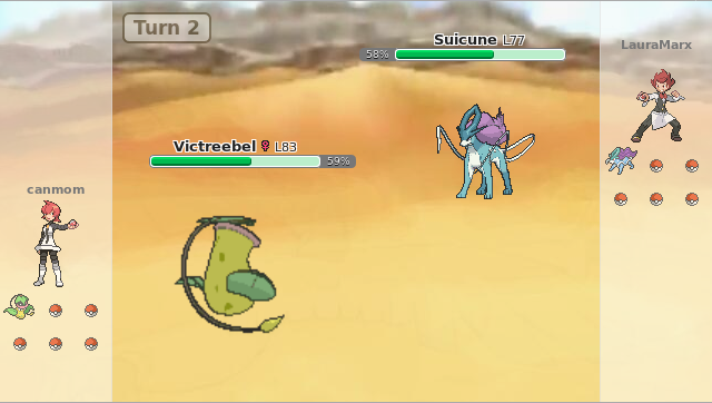 The same pokémon game after the first move. Victreebel and Suicune have both taken damage.