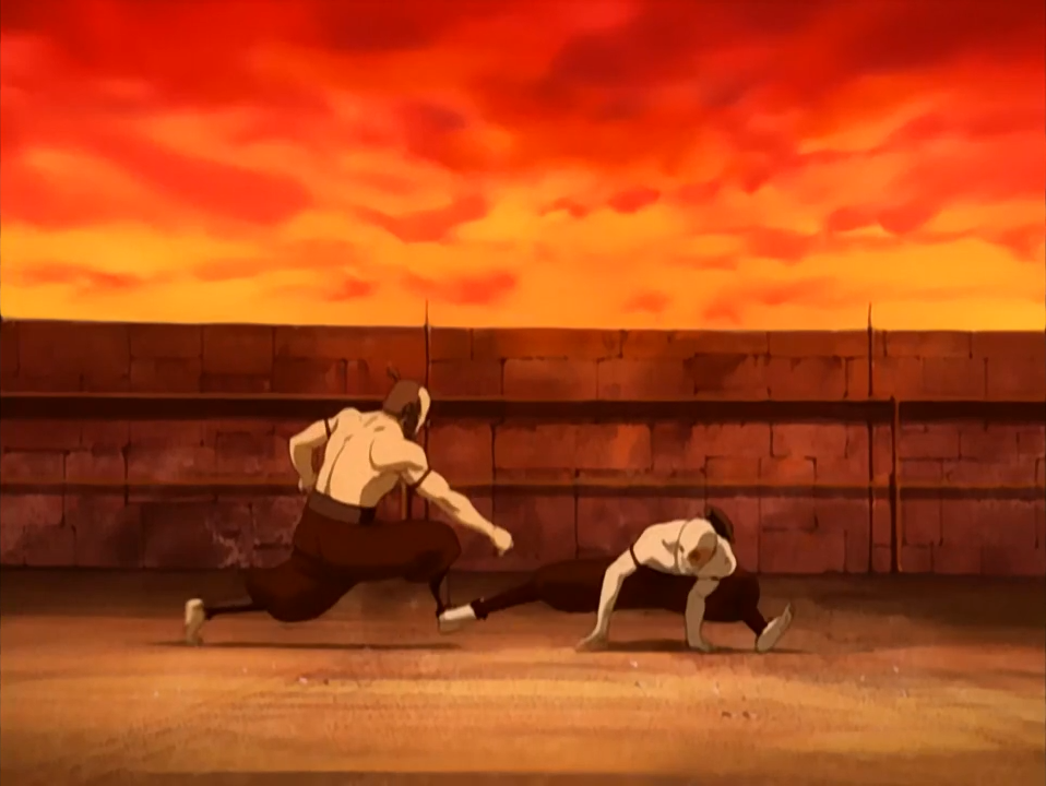 Zuko in the process of doing a spinning kick to knock his opponent Zhao of his feet.