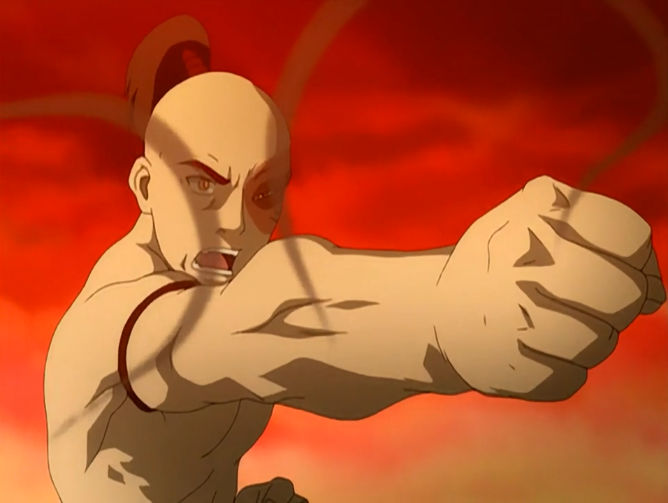 The character Zuko in Avatar: The Last Airbender - a strong, pale-skinned man, naked from the waist, with a large scar on one eye, mostly bald except for a ponytail, with his fist thrust toward the camera and smoke rising from it.