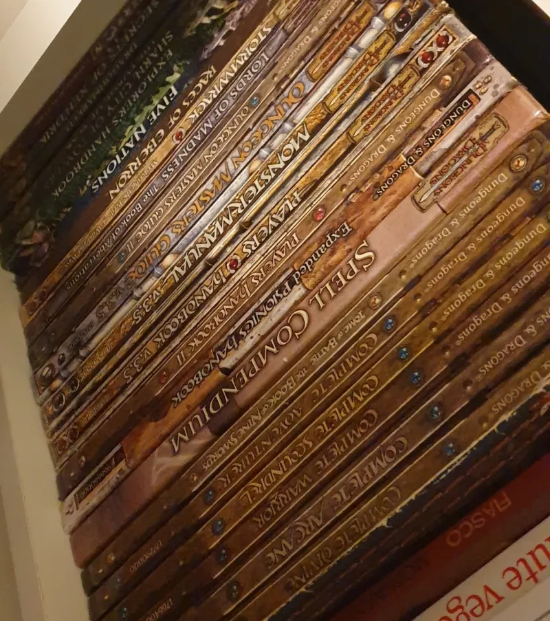 A shelf of RPG books, mainly D&D 3.5 edition books.