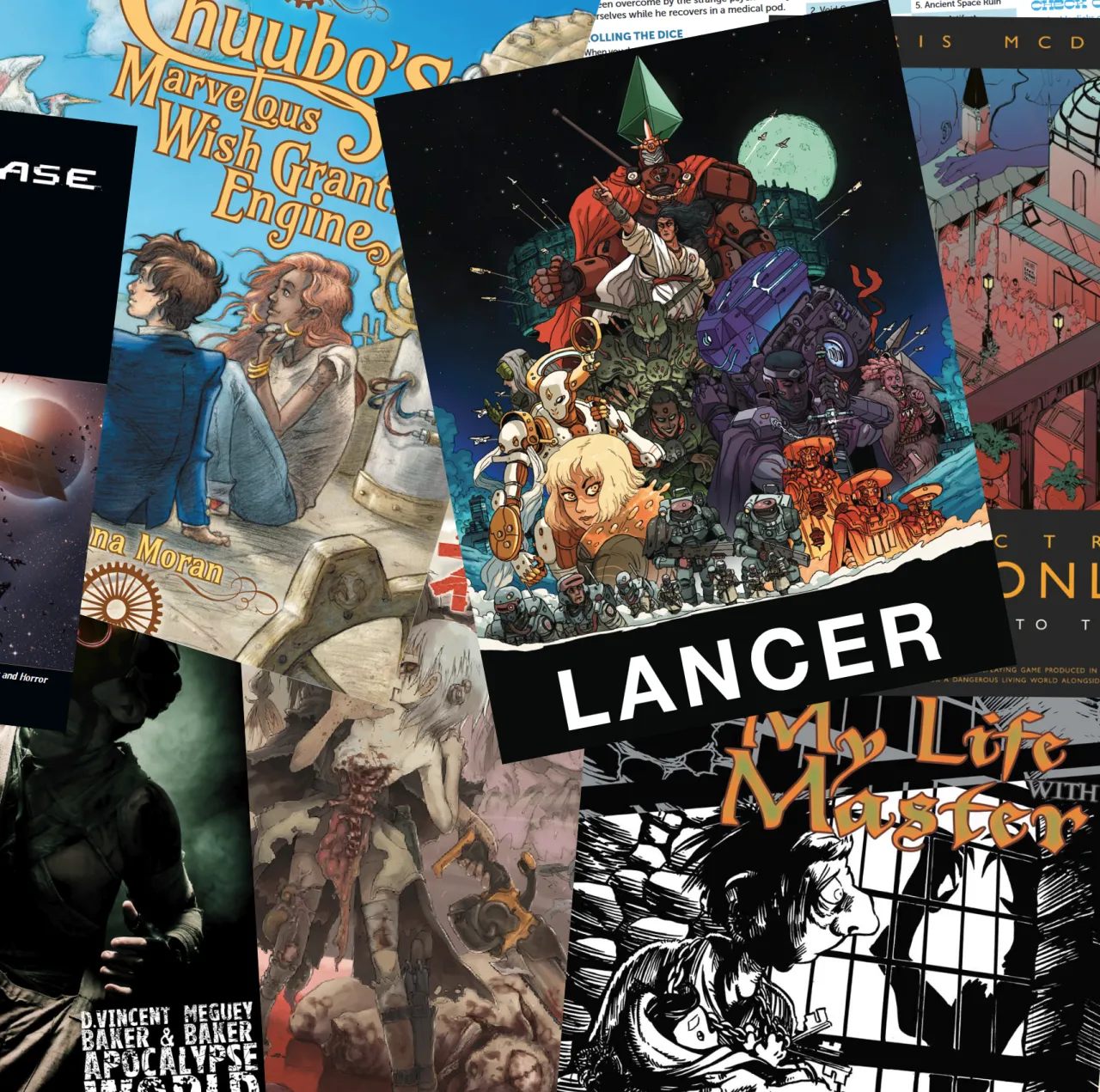 A selection of covers of indie RPGs, among them Lancer, Chuubo's Marvellous Wish-Granting Engine, Apocalypse World, My Life With Master, Electric Bastionland, Eclipse Phase and Nechronica.