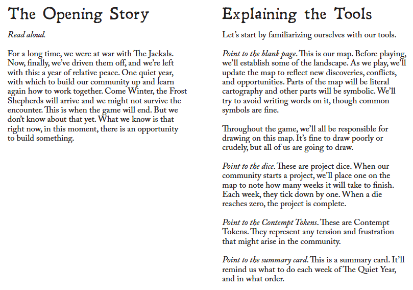 A page from The Quiet Year. It includes a section of text to be read aloud, explaining the scenario, and then telling the reader to explain a series of game elements, with specific text to read out and instructions where to point at objects.