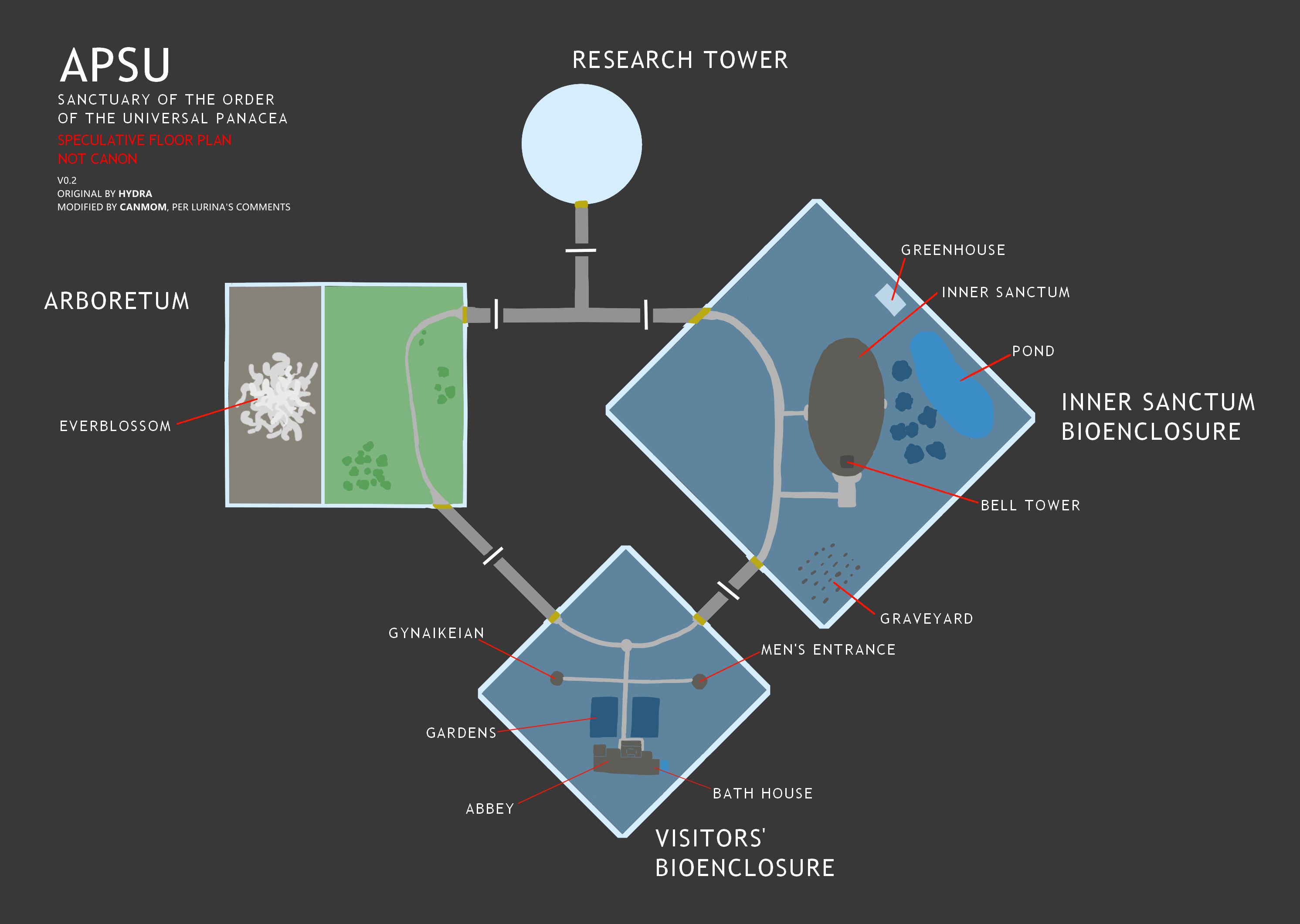 Map of Apsu, showing the positions of buildings and features within the three main bioenclosures.