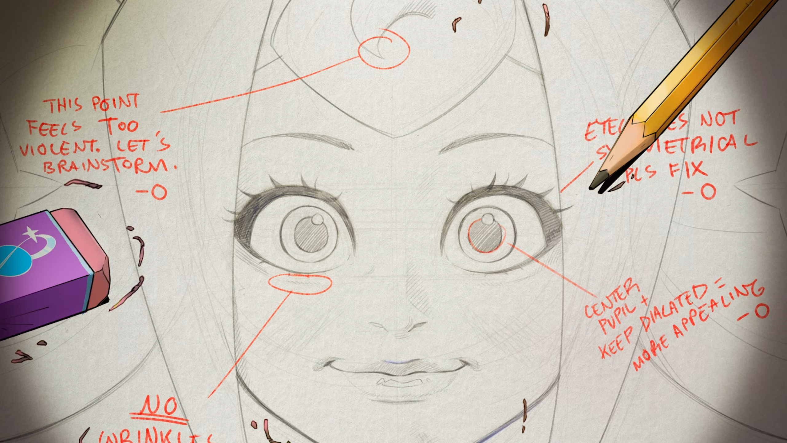 A drawing of a stylised anime-esque woman's face with a pencil and eraser on top of the image and design notes written over it in red, saying 'This point feels too violent, let's brainstorm', 'Eyes not symmetrical pls fix' 'No wrinkles' and 'Center pupil + keep dilated = more appealing'