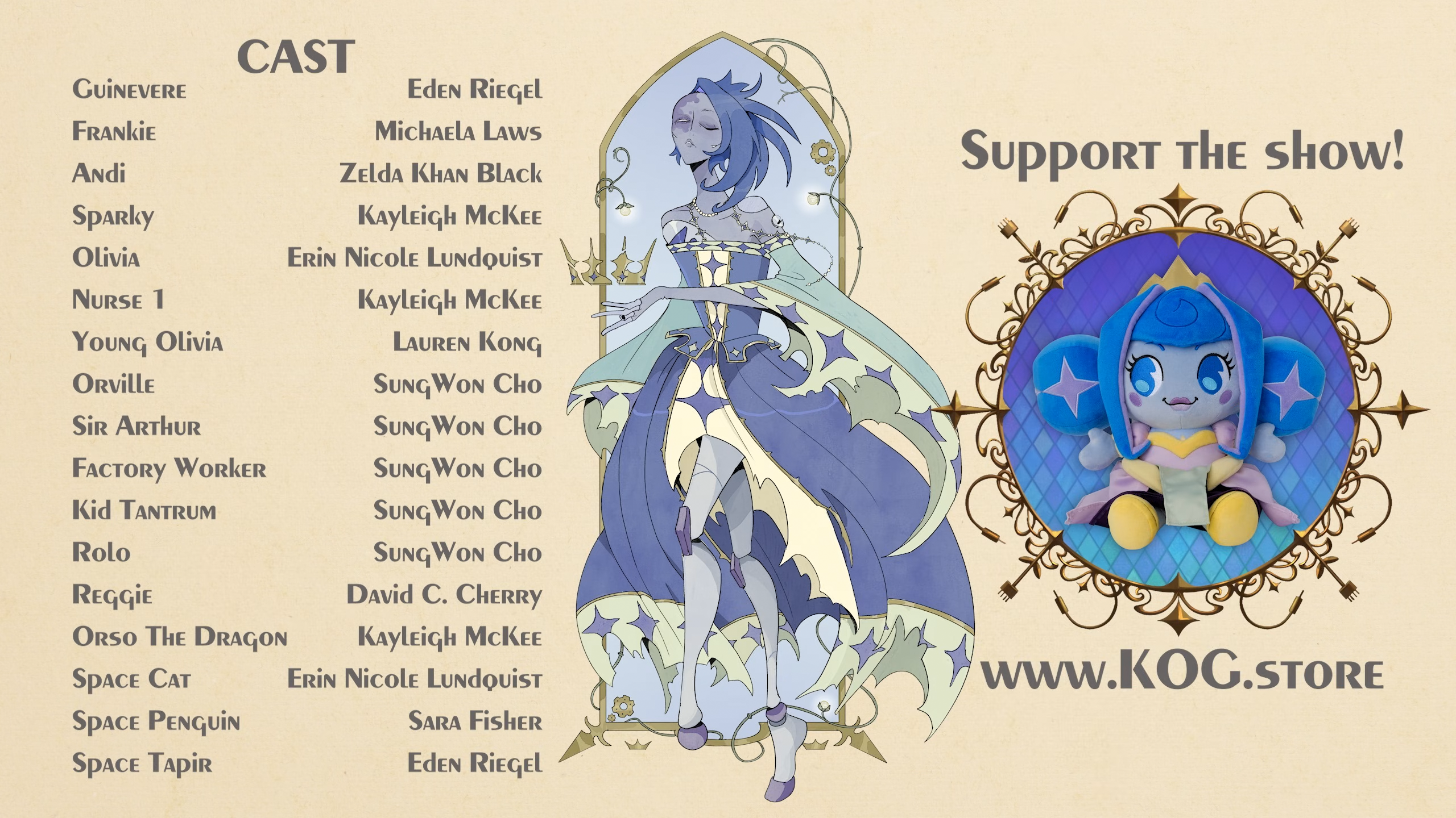 A still of the credits of Knights of Gwynevere, listing voice actors along with a drawing of Gwynevere and a small picture of a Gwynevere plushie with a link to 'Support the show!'