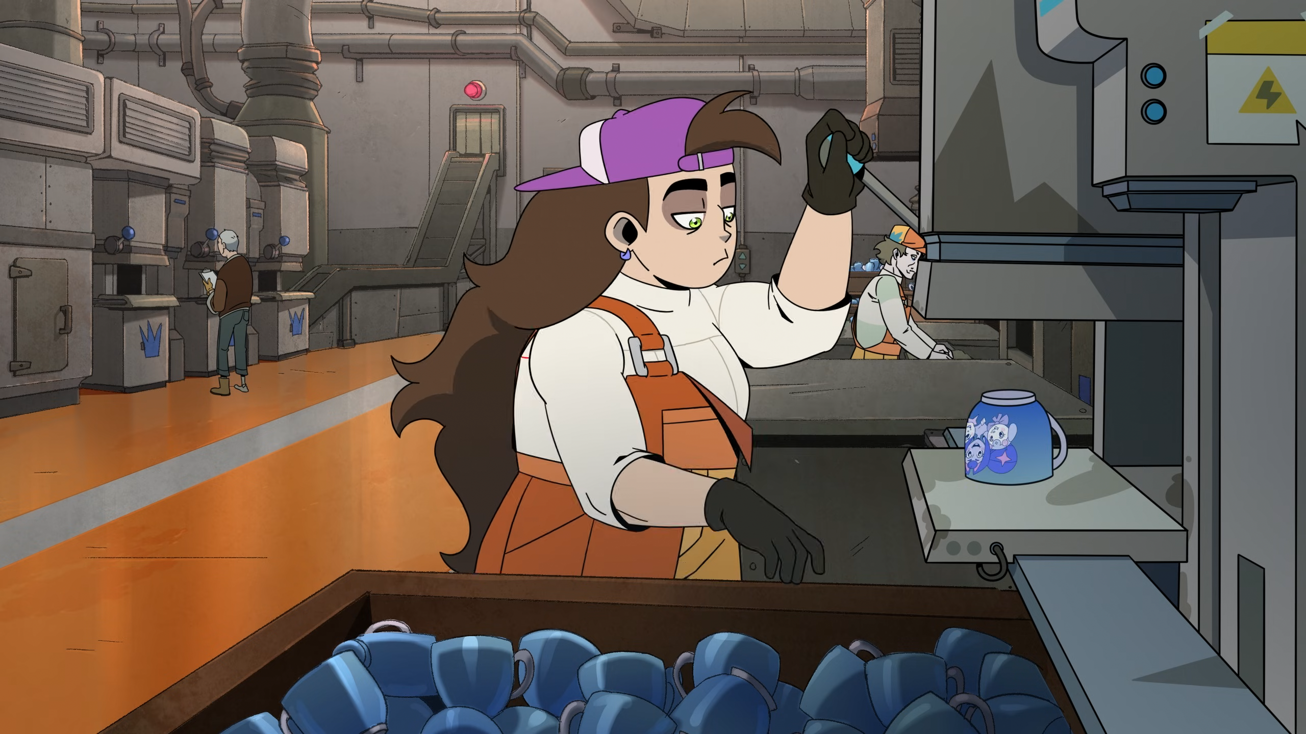 Still showing a factory scene in which an exhausted character is using a machine to stamp a design on a cup showing a grinning Gwynevere.