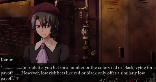 Kanon in the boiler room saying “…In roulette, you bet on a number or the colors red or black, vying for a payoff. …However, low risk bets like red or black only offer a similarly low payoff.”