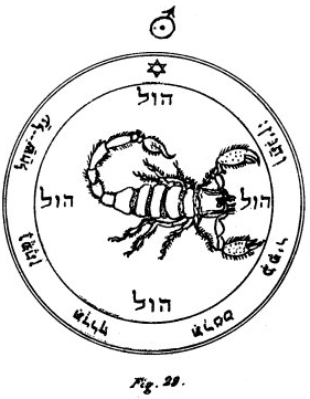 Black and white image of the Fifth Pentacle of Mars, which is a circle with a drawing of a scorpion on the insie, and various Hebrew writing around the edge, and the same word in the four cardinal directions just inside.
