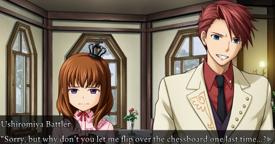 Battler saying to Maria “Sorry, but why don’t you let me flip over the chessboard one last time…?”