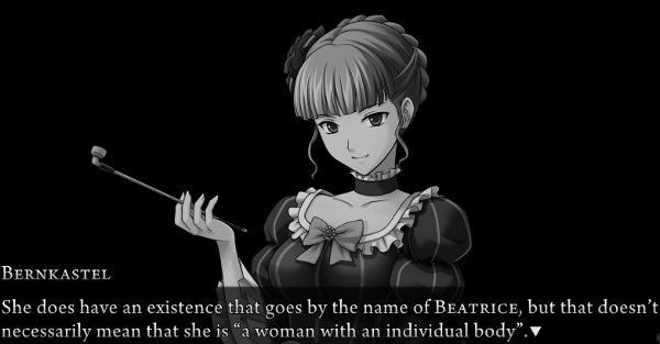 Greyscale image of Beatrice. Bernkastel is saying “She does have an existence that goes by the name of Beatrice, but that doesn’t necessarily mean that she is ‘a woman with an individual body’.”
