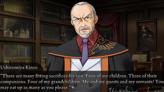 Kinzo saying “There are many fitting sacrifices for you. Four of my children. Three of their companions. Four of my grandchildren. Me and my guests and my servants! You may eat up as many as you please!”