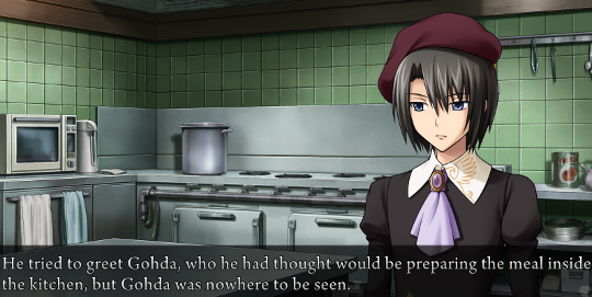 Kanon in the kitchen. The narration says “He tried to greet Gohda, who he had thought would be preparing the meal inside the kitchen, but Gohda was nowhere to be seen.”