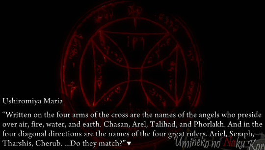 Another view of the Seventh Pentacle of the Sun. Maria is explaining that “Written on the four arms of the cross are the names of the angels who preside over air, fire, water and earth. Chasan, Arel, Talihad and Phorlakh. And in the four diagonal directions are the names of the four great rulers. Ariel, Seraph, Tharsis, Cherup. …Do they match?”