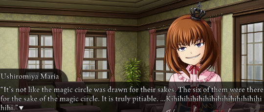 Maria, with a creepy expression, saying “It’s not like the magic circle was drawn for their sakes. The six of them were there for the sake of the magic circle. It is truly pitiable. …Kihihihihihi…hihi.”
