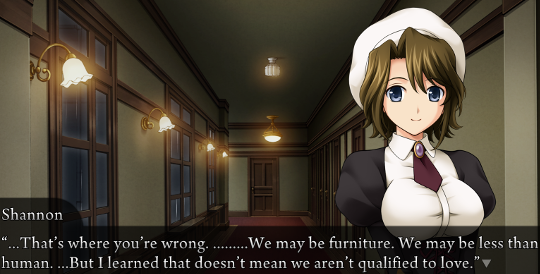 Sayo standing in an indoor corridor. “…That’s where you’re wrong. ………We may be furniture. We may be less than human. …But I learned that doesn’t mean we aren’t qualified to love.”