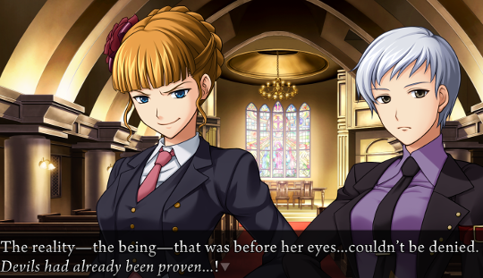 Beatrice and Kyrie in the chapel. Kyrie looks nonplussed, Beatrice vindictive. The narration says ‘The reality—the being—that was before her eyes…couldn’t be denied. Devils had already been proven…!’