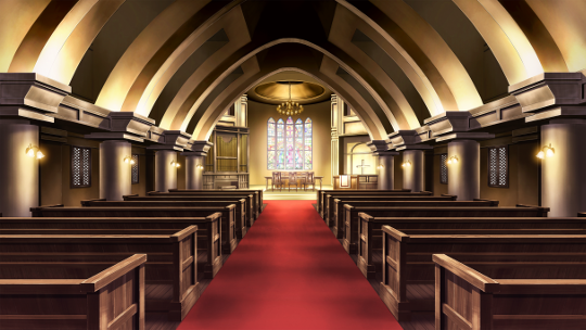 The inside of the chapel. There are six rows of pews, and bell-shaped lamps on the pillars. Above the altar is a large stained glass window and a small chandelier. The ceiling of the chapel arches overhead.