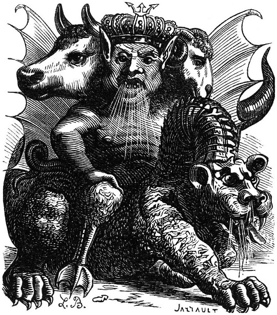 An illustration of Asmodeus from a medieval bestiary. Asmodeus has three heads: a cow, a human with a crown, and a sheep, as well as wings. He’s sitting on the back of some kind of snake-necked lion-headed monster with a long tail.