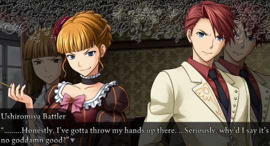Battler in the Meta view talking to Beatrice, with himself and Rosa in the background. He’s saying “………Honestly, I’ve gotta throw my hands up there. …Seriously, why’d I say it’s no goddamn good?