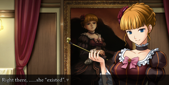 Beatrice standing in front of her own portrait. The narration reads ‘Right there, ……she “existed”.’