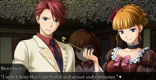 Beatrice says to Battler: “I won’t deny that I am brutal and unjust and a monster.”