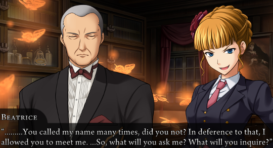 Beatrice, next to Genji, saying to Battler: “………You called my name many times, did you not? In deference to that, I allowed you to meet me. …So, what will you ask me? What will you enquire?”