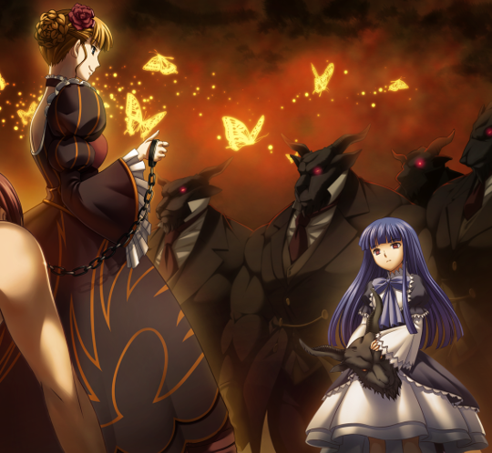 CG: Beatrice faces Bernkastel, who has taken off a goat mask. Ranks of suited, goat-headed demons stand behind her. Gold butterflies flap over head. At the left of the frame is the arm of Battler, naked and crawling on all fours; he has a chain round his neck, held by Beatrice.
