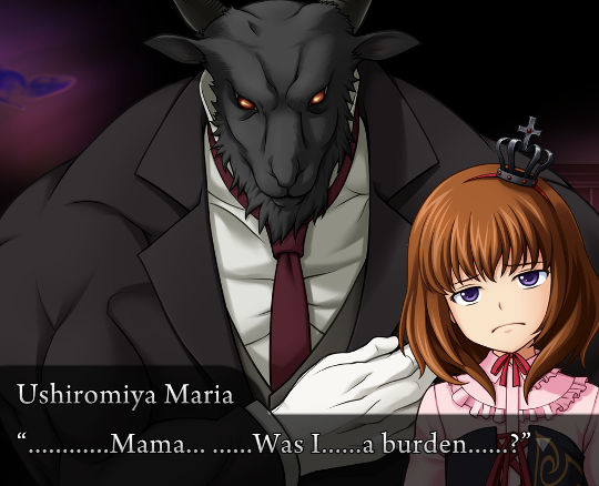 Maria frowning in front of a goat demon. She says “…………Mama… ……Was I……a burden……?”