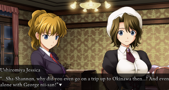Jessica and Shannon together in a room. Jessica is saying “…Sha-Shannon, why did you even go on a trip up to Okinawa then…? And even alone with George nii-san!”