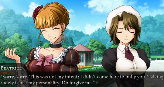 Beatrice smiling brightly and Shannon doing her best to look unperturbed. Beatrice is saying “Sorry, sorry. This was not my intent; I didn’t come here to bully you. Talking rudely is just my personality. Do forgive me.”