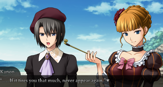 Kanon on the beech telling Beatrice “…If it tires you that much, never appear again.”