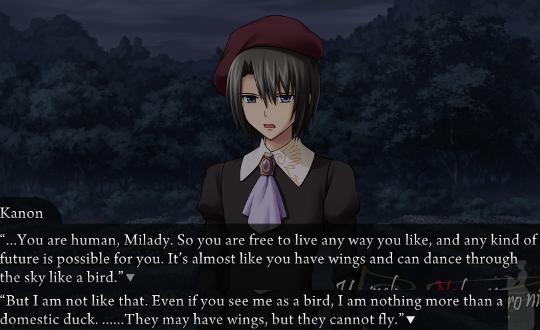 Kanon saying “…You are human, Milady. So you are free to live any way you like, and any kind of future is possible for you. It’s almost like you have wings and can dance through the sky like a bird. But I am not like that. Even if you see me as a bird, I am nothing more than a domestic duck. ……They may have wings, but they cannot fly.”