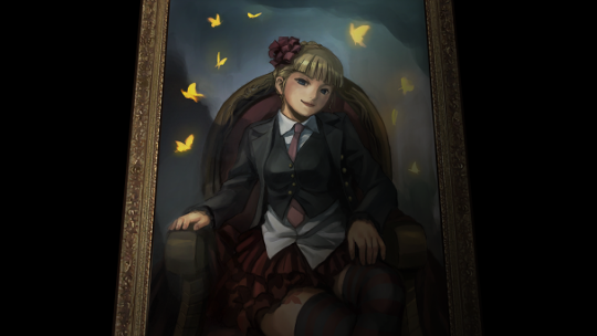 The painting of Beatrice in her new outfit, where we can see it also includes a red skirt and long black stockings. She is surrounded by golden butterflies.