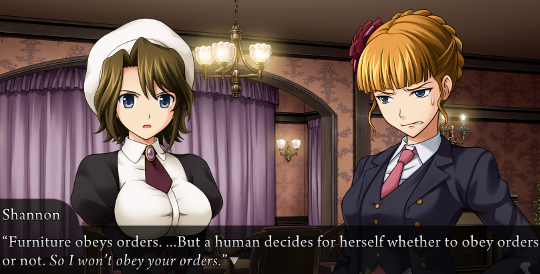 Sayo saying to Beatrice “Furniture obeys orders. …But a human decides for herself whether to obey orders or not. So I won’t obey your orders.”