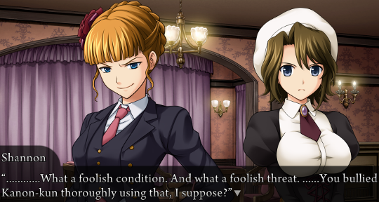 Sayo saying to a peeved Beatrice “………What a foolish condition. And what a foolish threat. ……You bullied Kanon-kun thoroughly using that, I suppose?”