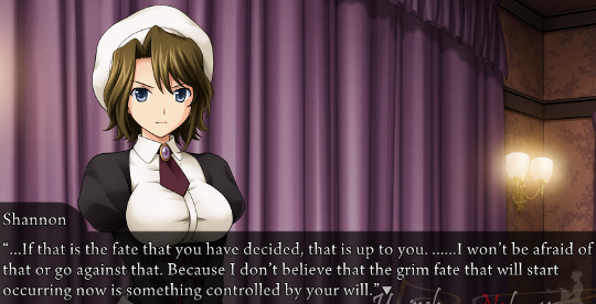 Sayo, with a determined expression, saying “…If that is the fate that you have decided, that is up to you. ……I won’t be afraid of that or go against that. Because I don’t believe that the grim fate that will start occurring now is something controlled by your will.”