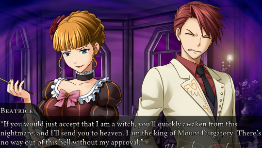 Beatrice to a grimacing Battler: “If you would just accept that I am a witch, you’ll quickly awaken from this nightmare, and I’ll send you to heaven. I am the king of Mount Purgatory. There’s no way out of this hell without my approval.