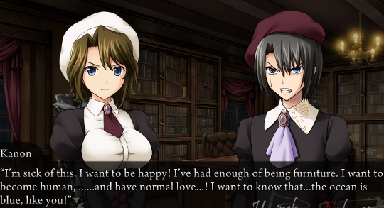 Kanon, angrily: “I’m sick of this. I want to be happy! I’ve had enough of being furniture. I want to become human, ……and have normal love…! I want to know that…the ocean is blue, like you!”