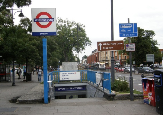 A photo the London Underground station Seven Sisters.