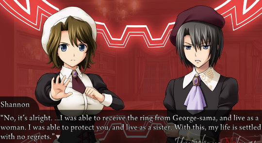 Sayo side by side with Kanon. She says “No, it’s alright. …I was able to receive the ring from George-sama-, and live as a woman. I was able to protect you, and live as a sister. With this, my life is settled with no regrets.”