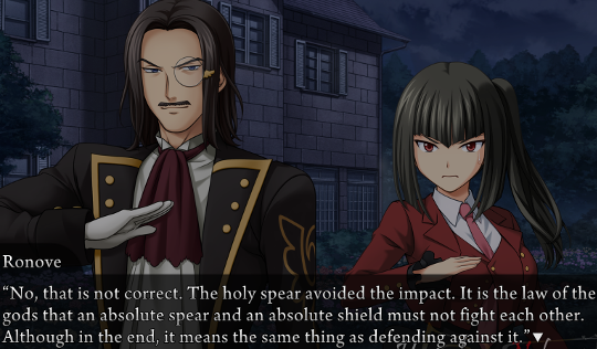 Ronove interjects: “No, that is not correct. The holy spear avoided the impact. It is the law of the gods that an absolute spear and an absolute shield must not fight each other. Although in the end, it means the same thing as defending against it.”