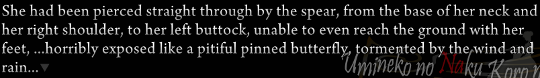 Narration: ‘She had been pierced straight through by the spear, from the base of her neck and her right shoulder, to her left buttock, unable to even reach the ground with her feet, …horribly exposed like a pitiful pinned butterfly, tormented by the wind and rain…