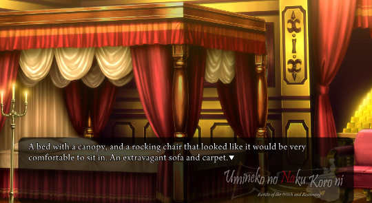 A sumptuously decorated room covered in golden wall decorations and red and white curtains and hangings. Narration: ‘A bed with a canopy, and a rocking chair that looked like it would be very comfortable to sit in. An extravagant sofa and carpet.’